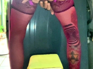 ts femboy purple stocking riding fat dildo outside